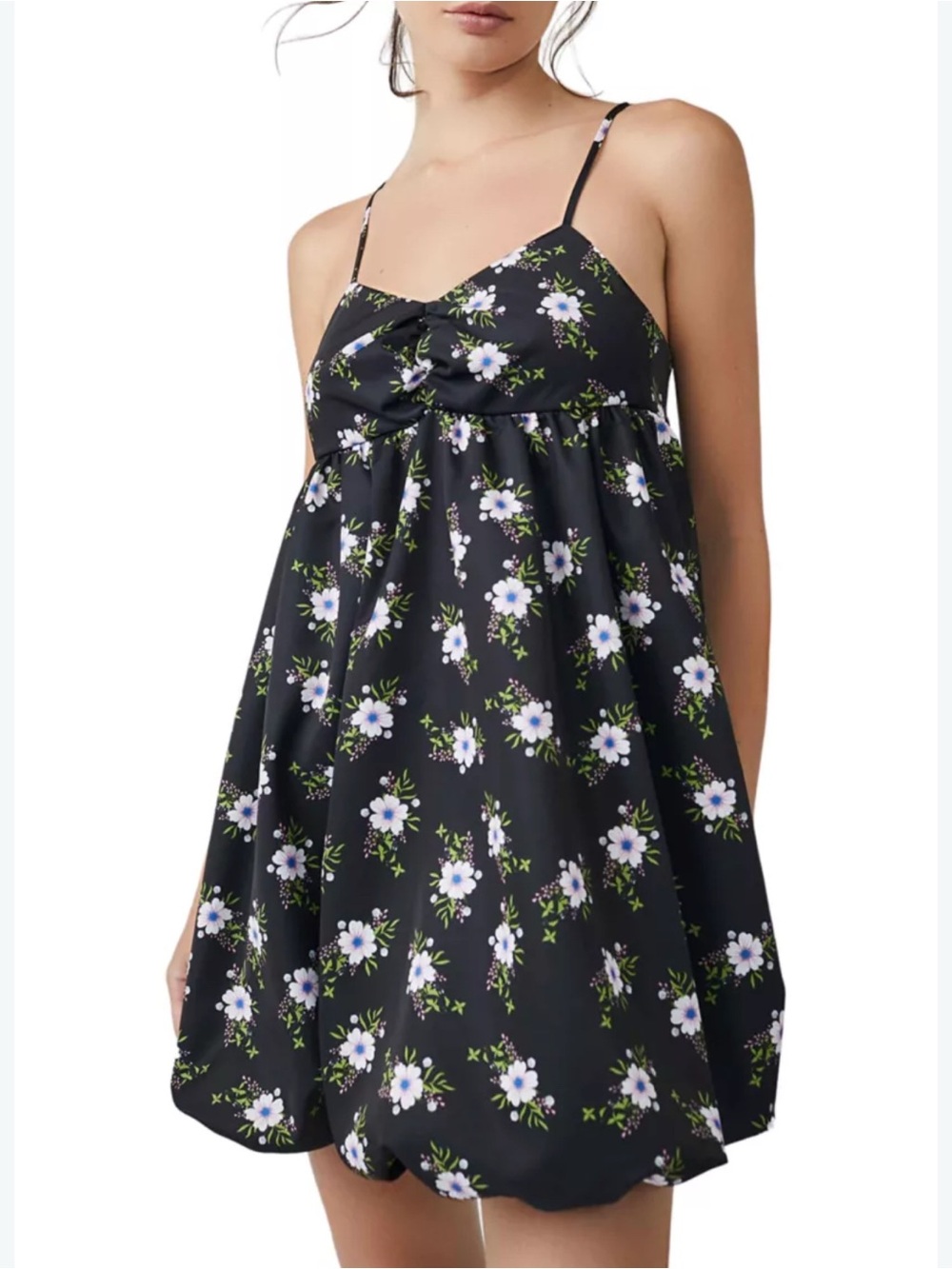Free People In a Bubble Black Floral Spaghetti-Strap Mini Dress